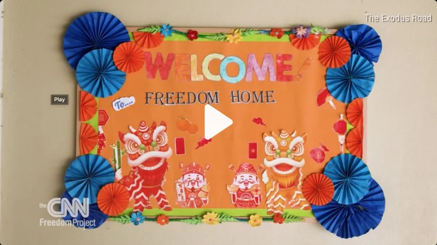 Freedom Home welcome sign in CNN's My Freedom Day video about survivor aftercare in Thailand