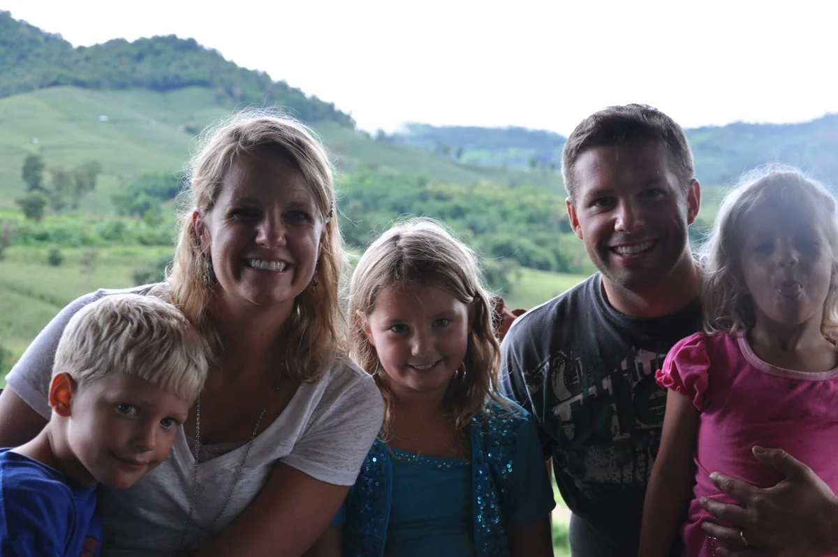 Laura and Matt Parker with their three young children in Northern Thailand